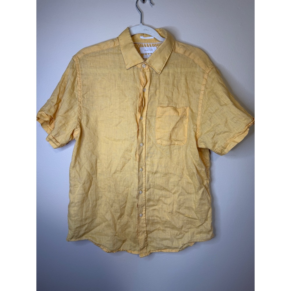 Porter & Ash Mens L Yellow 100% Linen Short Sleeve Button Down Shirt